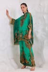 Zariaah_Green Viscose, Silk Crystals Button-down Wild Leopard Print Kaftan And Trouser Set _Online_at_Aza_Fashions
