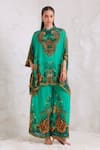 Zariaah_Green Viscose, Silk Crystals Button-down Wild Leopard Print Kaftan And Trouser Set _at_Aza_Fashions