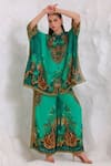 Buy_Zariaah_Green Viscose, Silk Crystals Button-down Wild Leopard Print Kaftan And Trouser Set _at_Aza_Fashions