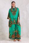 Buy_Zariaah_Green Viscose, Silk Crystals Button-down Neck Emerald Leopardess Kaftan Top _at_Aza_Fashions