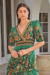Zariaah_Green Viscose, Silk Crystals V-neck Emerald Leopardess Cross Over Maxi Dress _Online_at_Aza_Fashions