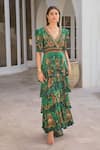 Buy_Zariaah_Green Viscose, Silk Crystals V-neck Emerald Leopardess Cross Over Maxi Dress _Online_at_Aza_Fashions