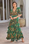 Buy_Zariaah_Green Viscose, Silk Crystals V-neck Emerald Leopardess Cross Over Maxi Dress _at_Aza_Fashions