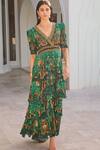 Shop_Zariaah_Green Viscose, Silk Crystals V-neck Emerald Leopardess Cross Over Maxi Dress _Online_at_Aza_Fashions