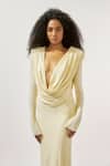 Deme By Gabriella_Yellow Lycra Cowl Neck Plunged Draped Gown _Online_at_Aza_Fashions