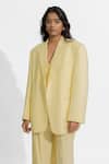 Deme By Gabriella_Yellow Faux Leather V-neck Danielle Plain Blazer Pant Set _Online_at_Aza_Fashions