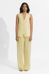 Shop_Deme By Gabriella_Yellow Faux Leather V-neck Danielle Plain Blazer Pant Set _Online_at_Aza_Fashions