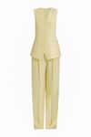 Deme By Gabriella_Yellow Faux Leather V-neck Danielle Plain Blazer Pant Set _at_Aza_Fashions