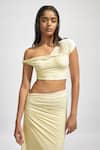 Deme By Gabriella_Yellow Lycra One Shoulder Solid Draped Crop Top With Ruched Long Skirt _at_Aza_Fashions