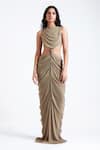Buy_Deme By Gabriella_Grey Net, Maheshwari Cowl Neck Krysta Waist Cut-out Gown _at_Aza_Fashions