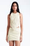 Shop_Deme By Gabriella_Off White Leather Round Neck Jodie Textured Top With Skirt _at_Aza_Fashions