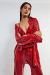 Buy_Deme By Gabriella_Red Crepe Sequins Collared Tracy Shirt And Pant Set _Online_at_Aza_Fashions