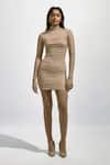 Buy_Deme By Gabriella_Grey Net, Lycra High Neck Solid Ruched Draped Bodycon Dress With Mesh Stockings _at_Aza_Fashions