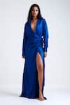Buy_Deme By Gabriella_Blue Satin Collared Edith Thigh Slit Gown _at_Aza_Fashions