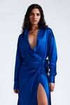 Deme By Gabriella_Blue Satin Collared Edith Thigh Slit Gown _Online_at_Aza_Fashions