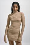 Shop_Deme By Gabriella_Grey Net, Lycra High Neck Solid Ruched Draped Bodycon Dress With Mesh Stockings _Online_at_Aza_Fashions