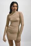 Shop_Deme By Gabriella_Grey Net, Lycra High Neck Solid Ruched Draped Bodycon Dress With Mesh Stockings _at_Aza_Fashions