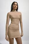 Deme By Gabriella_Grey Net, Lycra High Neck Solid Ruched Draped Bodycon Dress With Mesh Stockings _at_Aza_Fashions