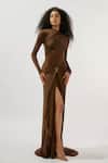 Buy_Deme By Gabriella_Brown Lycra Buckles Asymmetric Draped Ruched Gown _at_Aza_Fashions