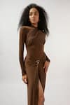 Shop_Deme By Gabriella_Brown Lycra Buckles Asymmetric Draped Ruched Gown _at_Aza_Fashions