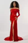 Buy_Deme By Gabriella_Maroon Net, Lycra Off-shoulder Draped Off High Slit Gown _at_Aza_Fashions