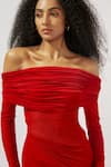 Shop_Deme By Gabriella_Maroon Net, Lycra Off-shoulder Draped Off High Slit Gown _at_Aza_Fashions