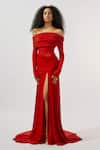 Deme By Gabriella_Maroon Net, Lycra Off-shoulder Draped Off High Slit Gown _at_Aza_Fashions