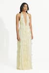 Shop_Deme By Gabriella_Off White Net, Chiffon, Lycra Ruffles Halter Neck Ela Dress _Online_at_Aza_Fashions