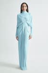 Buy_Deme By Gabriella_Blue Net, Lycra High Neck Kenny Plain Draped Dress _at_Aza_Fashions