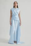Buy_Deme By Gabriella_Blue Satin Cowl Neck Azura Solid Draped Dress _at_Aza_Fashions