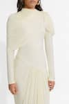 Buy_Deme By Gabriella_White Net, Maheshwari Round Neck Paulina Pleated Draped Dress _Online_at_Aza_Fashions