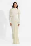 Deme By Gabriella_White Net, Maheshwari Round Neck Paulina Pleated Draped Dress _at_Aza_Fashions