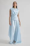 Deme By Gabriella_Blue Satin Cowl Neck Azura Solid Draped Dress _Online_at_Aza_Fashions