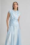 Shop_Deme By Gabriella_Blue Satin Cowl Neck Azura Solid Draped Dress _Online_at_Aza_Fashions