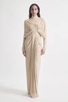 Buy_Deme By Gabriella_Beige Net, Maheshwari High Neck Kenny Solid Full Sleeve Draped Dress _at_Aza_Fashions