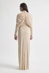 Deme By Gabriella_Beige Net, Maheshwari High Neck Kenny Solid Full Sleeve Draped Dress _Online_at_Aza_Fashions