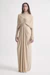 Buy_Deme By Gabriella_Beige Net, Maheshwari High Neck Kenny Solid Full Sleeve Draped Dress _Online_at_Aza_Fashions