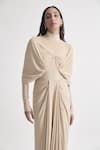 Shop_Deme By Gabriella_Beige Net, Maheshwari High Neck Kenny Solid Full Sleeve Draped Dress _at_Aza_Fashions