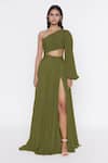 Buy_Deme By Gabriella_Green Crepe One Shoulder Gown_at_Aza_Fashions