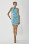 Buy_Deme By Gabriella_Blue Chiffon Halter Neck Ruffle Short Dress _at_Aza_Fashions
