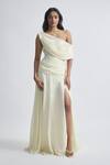 Buy_Deme By Gabriella_Off White Crepe Asymmetric Gemma Solid Draped Flowy Gown _at_Aza_Fashions