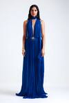 Deme By Gabriella_Blue Chiffon Brooches Halter Neck Marya Pleated Gown With _Online