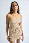 Buy_Deme By Gabriella_Brown Lycra Round Neck Amy Solid Draped Short Dress _at_Aza_Fashions