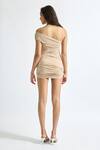 Deme By Gabriella_Brown Lycra Round Neck Amy Solid Draped Short Dress _Online_at_Aza_Fashions