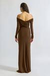 Shop_Deme By Gabriella_Brown Lycra Off-shoulder Ruth Solid Draped Dress _at_Aza_Fashions