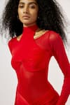 Shop_Deme By Gabriella_Red Net, Maheshwari High Neck Mesh Full Sleeve Ruched Gown _at_Aza_Fashions