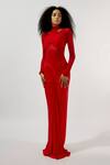 Shop_Deme By Gabriella_Red Net, Maheshwari High Neck Mesh Full Sleeve Ruched Gown _Online_at_Aza_Fashions