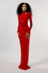 Buy_Deme By Gabriella_Red Net, Maheshwari High Neck Mesh Full Sleeve Ruched Gown _at_Aza_Fashions