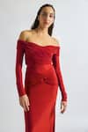 Shop_Deme By Gabriella_Red Lycra Off-shoulder Giulia Solid Draped Dress _Online_at_Aza_Fashions