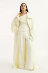 Buy_Deme By Gabriella_Off White Faux Leather, Silk Collared, Natsya Solid Long Jacket Pant Set _at_Aza_Fashions